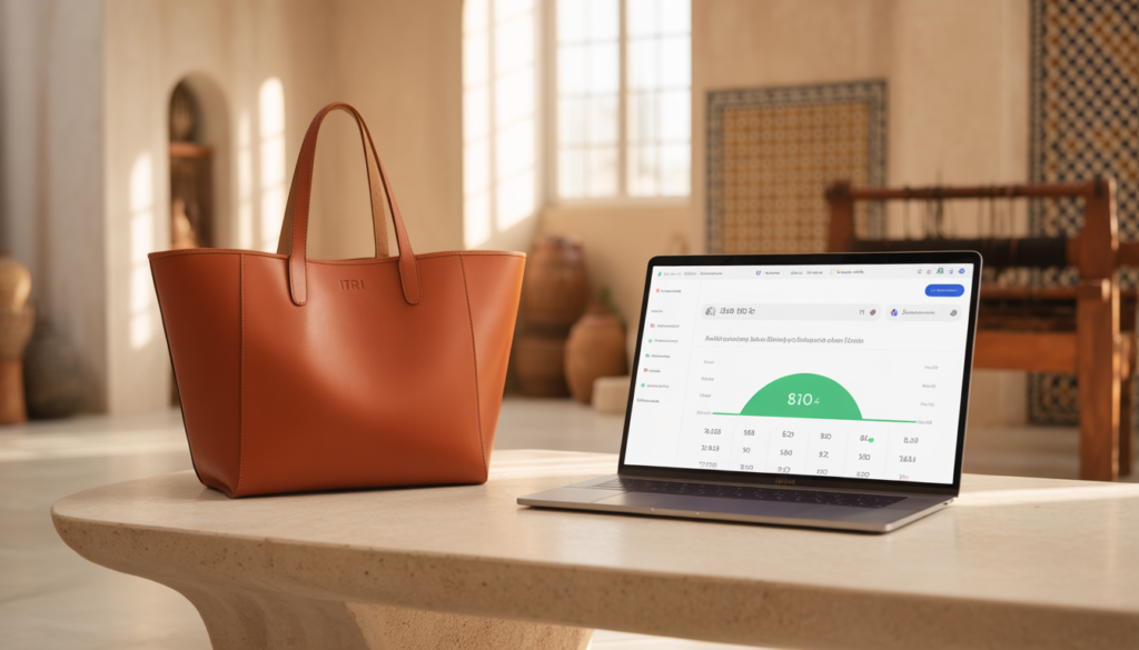 Digitalisation de l'artisanat au Maroc : sac en cuir terracotta ITRI à côté d'un ordinateur affichant un score SEO élevé dans un atelier moderne.