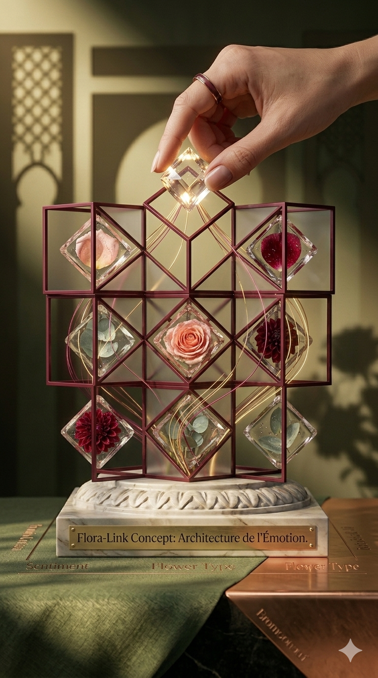 Mosaïque conceptuelle d'architecture d'information : fleurs suspendues dans des cubes en résine sur structure géométrique. Main finalisant l'assemblage, ambiance luxueuse green et bordeaux.